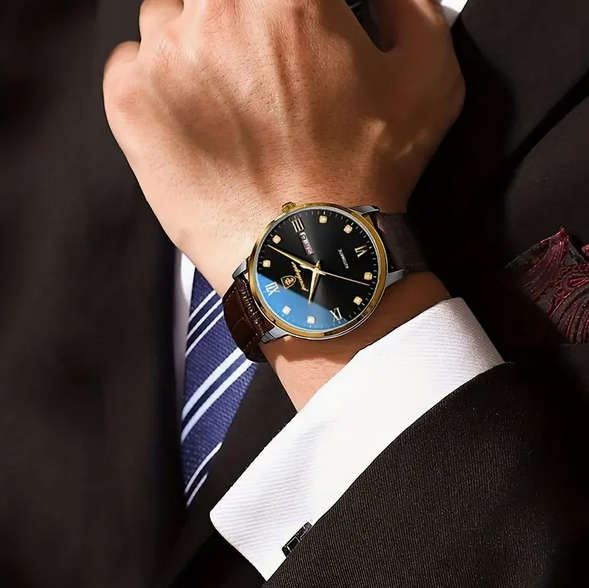 POEDAGAR Quartz Watch with Calendar and Brown Leather Strap