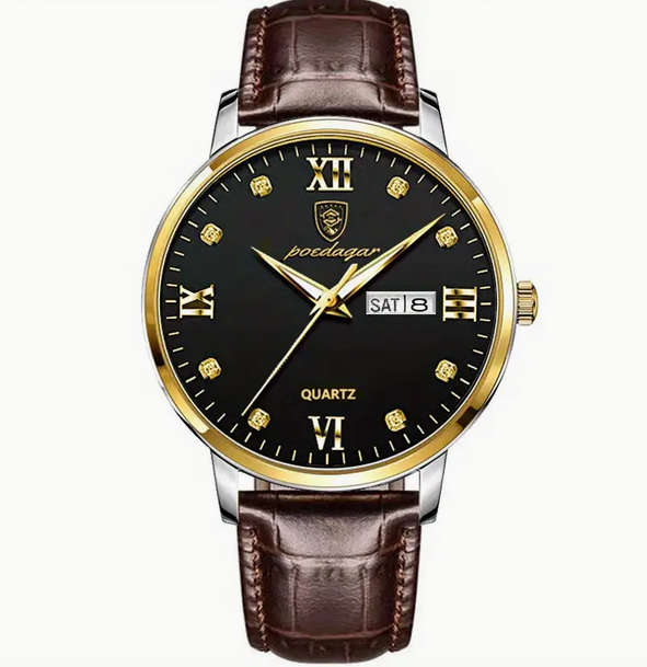 POEDAGAR Quartz Watch with Calendar and Brown Leather Strap