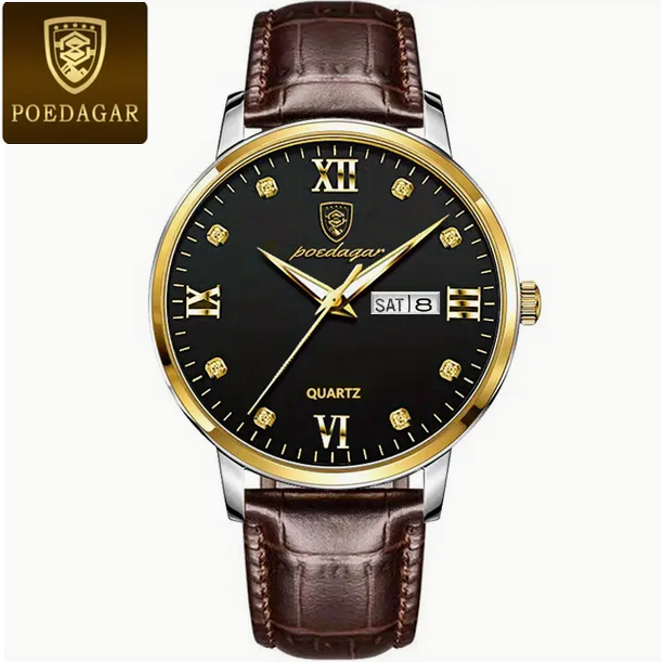 POEDAGAR Quartz Watch with Calendar and Brown Leather Strap