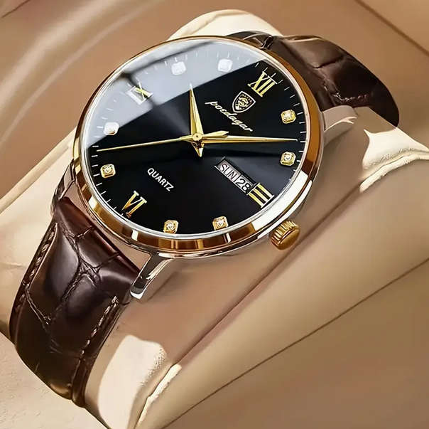 POEDAGAR Quartz Watch with Calendar and Brown Leather Strap