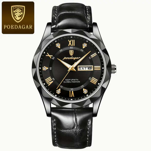 POEDAGAR Quartz Watch with Calendar and Black Leather Strap