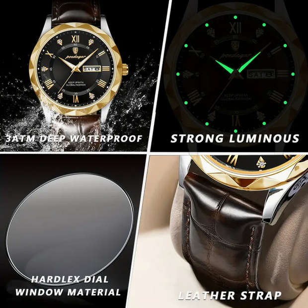 POEDAGAR Quartz Watch with Calendar and Black Leather Strap