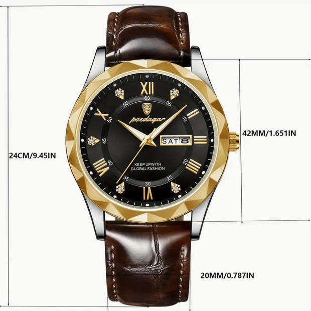 POEDAGAR Quartz Watch with Calendar and Black Leather Strap