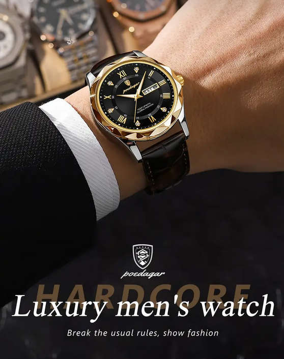POEDAGAR Quartz Watch with Calendar and Black Leather Strap