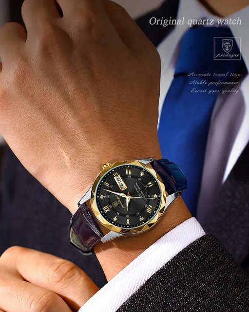 POEDAGAR Quartz Watch with Calendar and Black Leather Strap