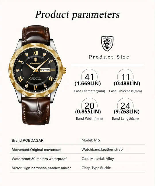 POEDAGAR Quartz Watch with Calendar and Black Leather Strap