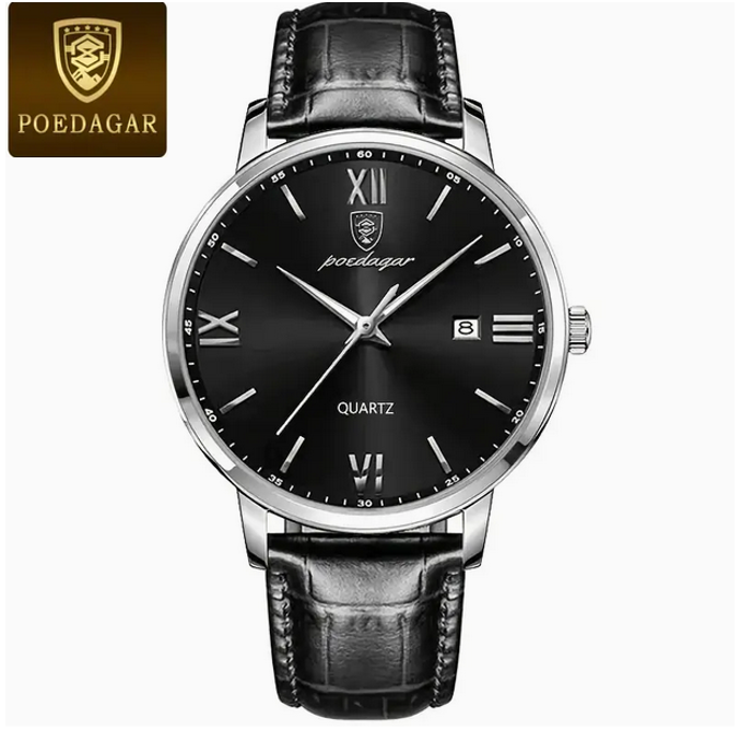 POEDAGAR Quartz Watch with Calendar and Black Leather Strap