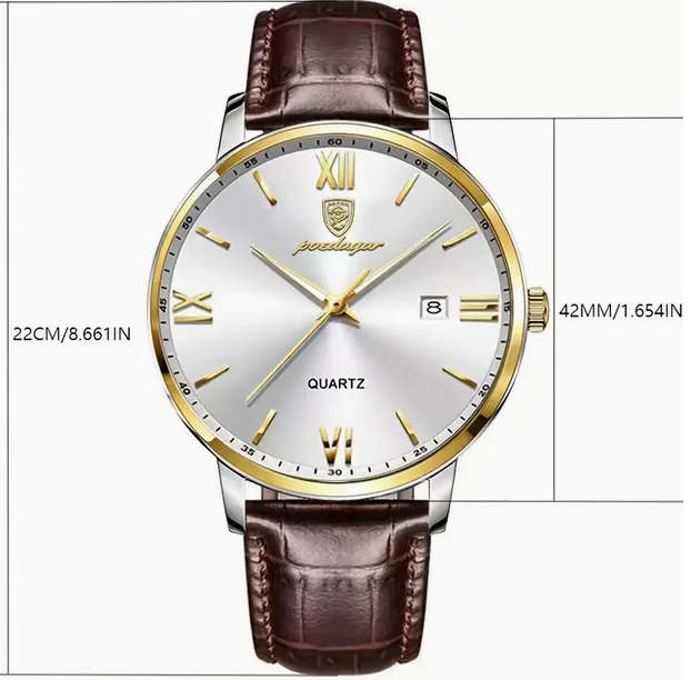 POEDAGAR Stylish Men's Quartz Watch with Calendar Date Display and  Brown Leather Strap