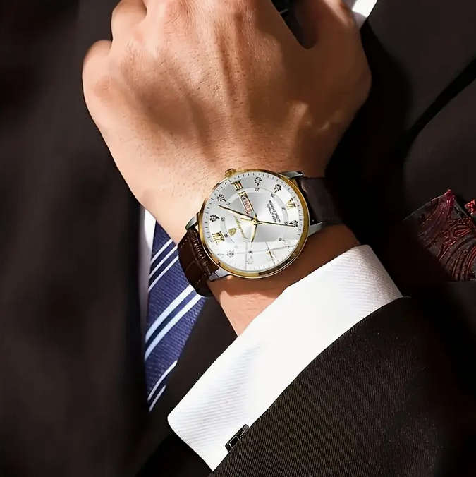 POEDAGAR Quartz Watch with Calendar and Brown Leather Strap