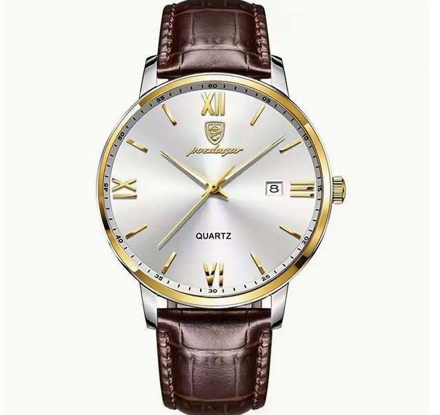 POEDAGAR Stylish Men's Quartz Watch with Calendar Date Display and  Brown Leather Strap