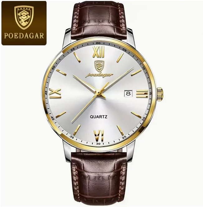POEDAGAR Stylish Men's Quartz Watch with Calendar Date Display and  Brown Leather Strap