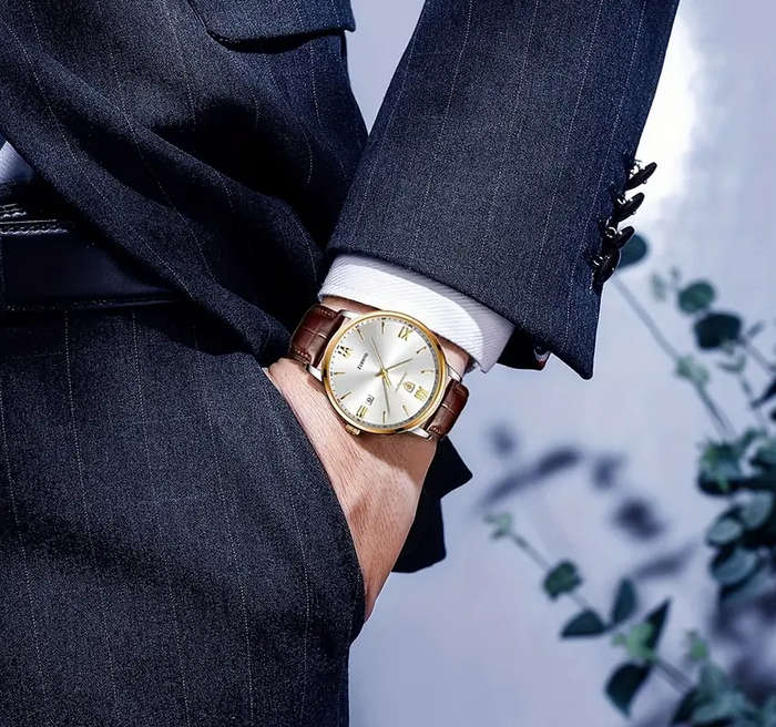 POEDAGAR Stylish Men's Quartz Watch with Calendar Date Display and  Brown Leather Strap
