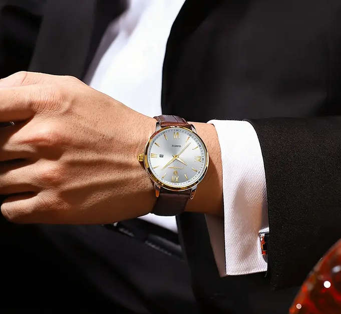 POEDAGAR Stylish Men's Quartz Watch with Calendar Date Display and  Brown Leather Strap