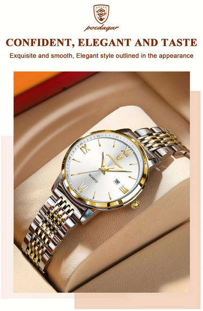 POEDAGAR Quartz Watch with Calendar and Stainless Steel Band
