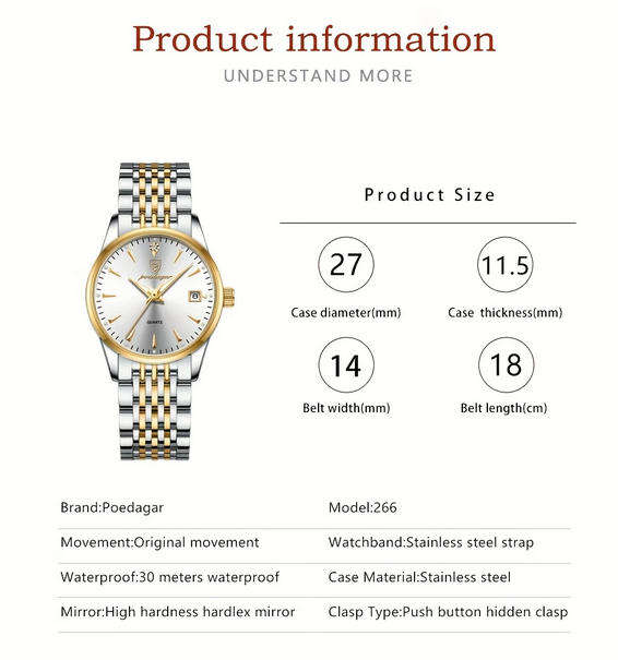 POEDAGAR Quartz Watch with Calendar and Stainless Steel Band
