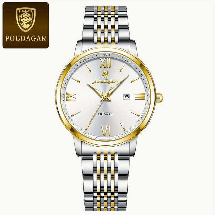POEDAGAR Quartz Watch with Calendar and Stainless Steel Band