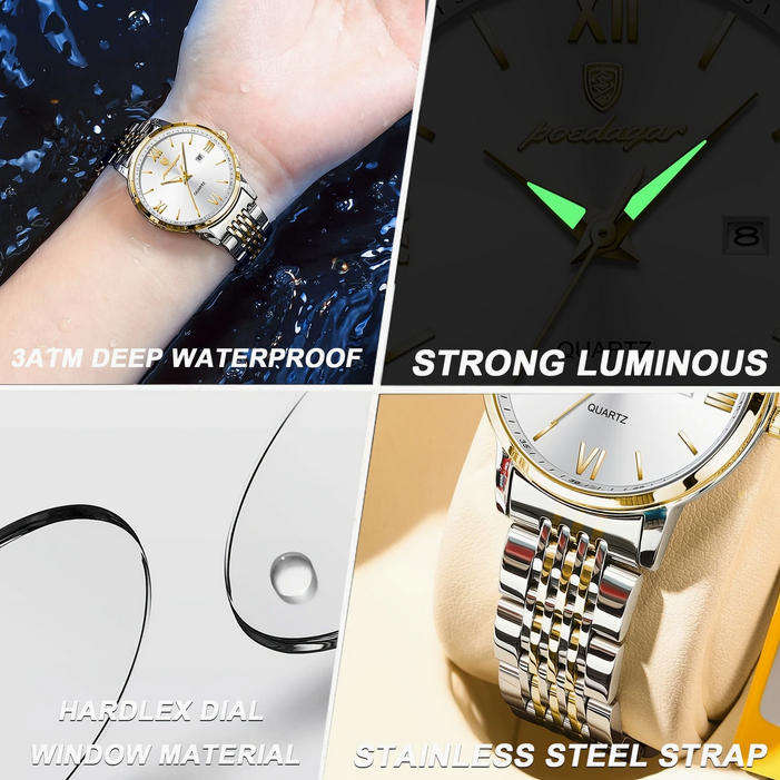 POEDAGAR Quartz Watch with Calendar and Stainless Steel Band