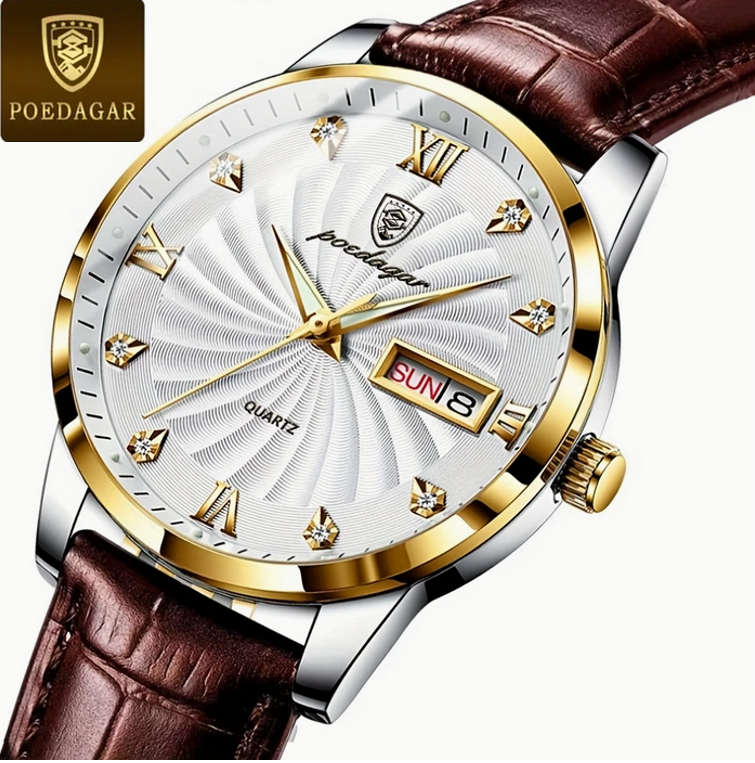 POEDAGAR Quartz Watch with Calendar and Brown Leather Strap