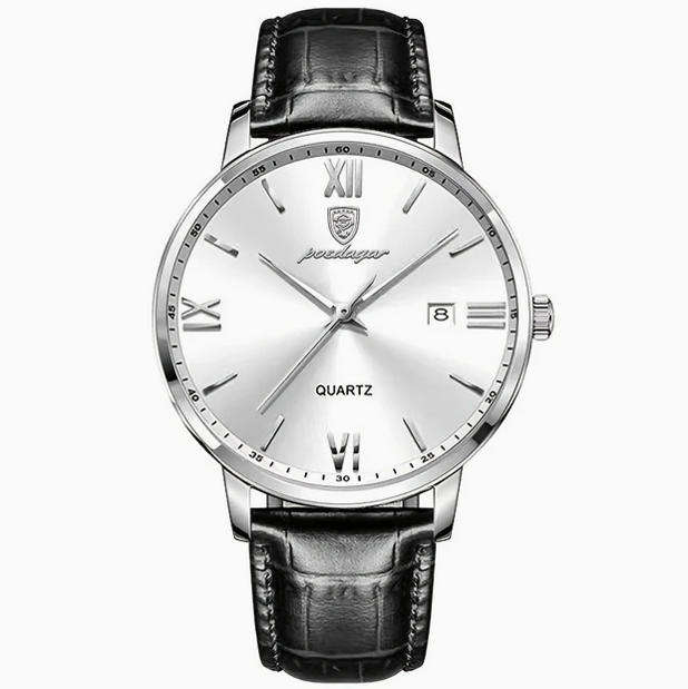POEDAGAR Quartz Watch with Calendar and Black Leather Strap