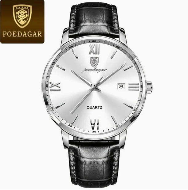POEDAGAR Quartz Watch with Calendar and Black Leather Strap