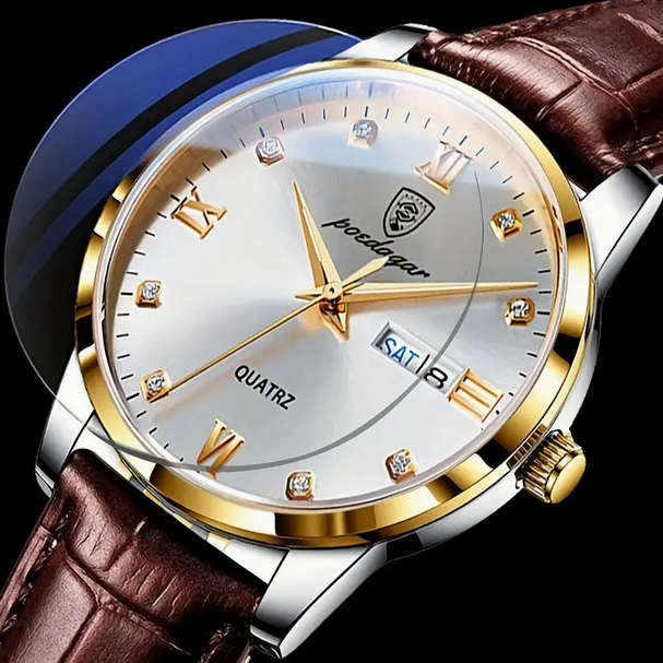POEDAGAR Quartz Watch with Calendar and Brown Leather Strap