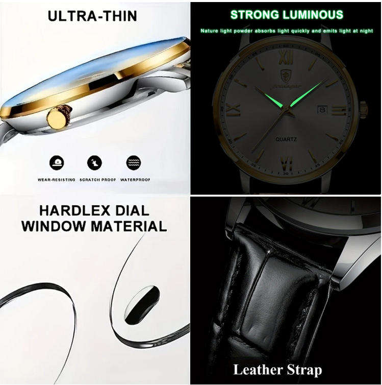 POEDAGAR Quartz Watch with Calendar and Black Leather Strap