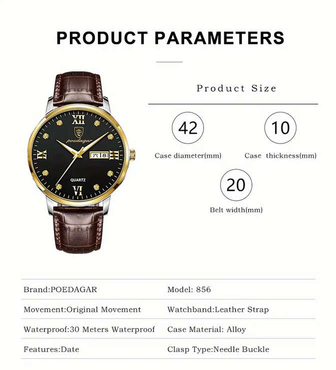 POEDAGAR Quartz Watch with Calendar and Brown Leather Strap
