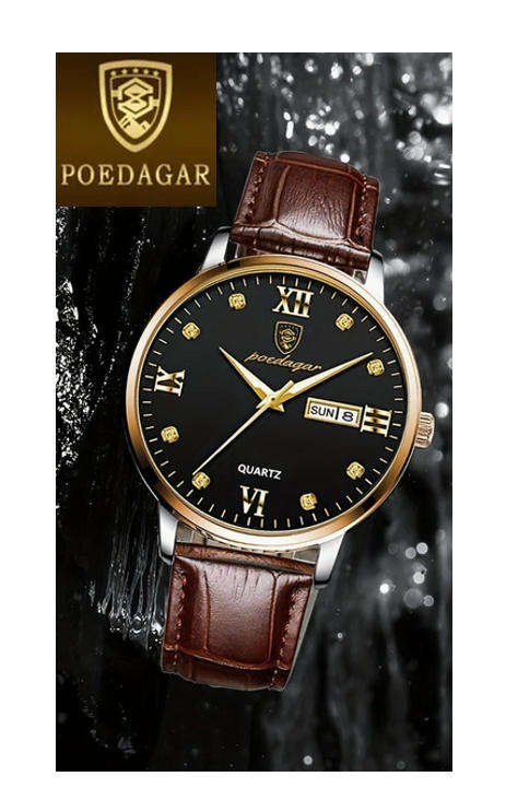 POEDAGAR Quartz Watch with Calendar and Brown Leather Strap