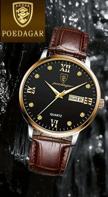 POEDAGAR Quartz Watch with Calendar and Brown Leather Strap