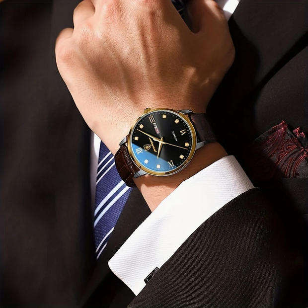 POEDAGAR Quartz Watch with Calendar and Brown Leather Strap