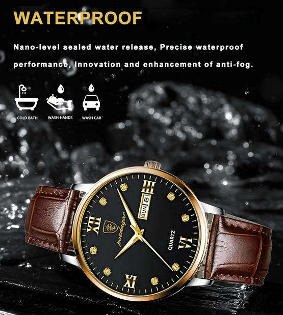 POEDAGAR Quartz Watch with Calendar and Brown Leather Strap