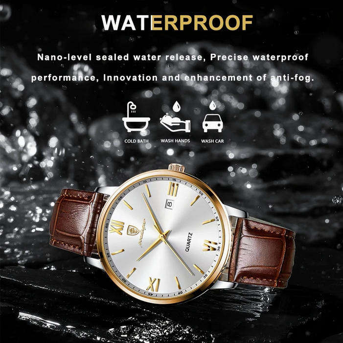 POEDAGAR Quartz Watch with Calendar and Black Leather Strap