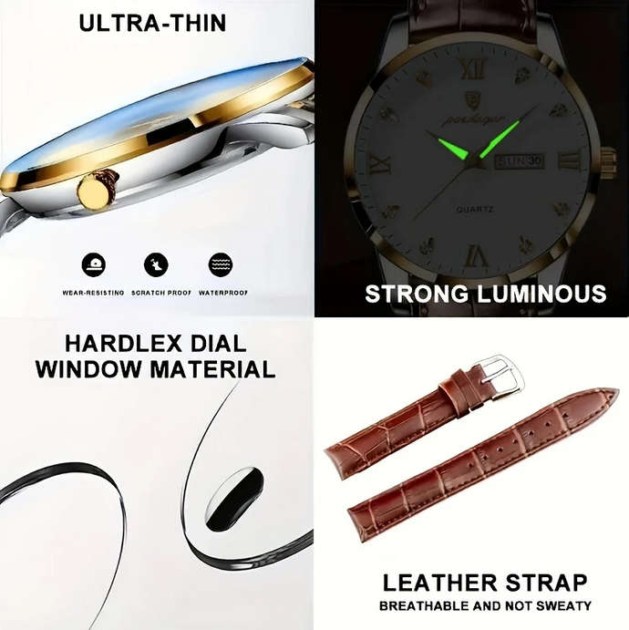 POEDAGAR Quartz Watch with Calendar and Brown Leather Strap
