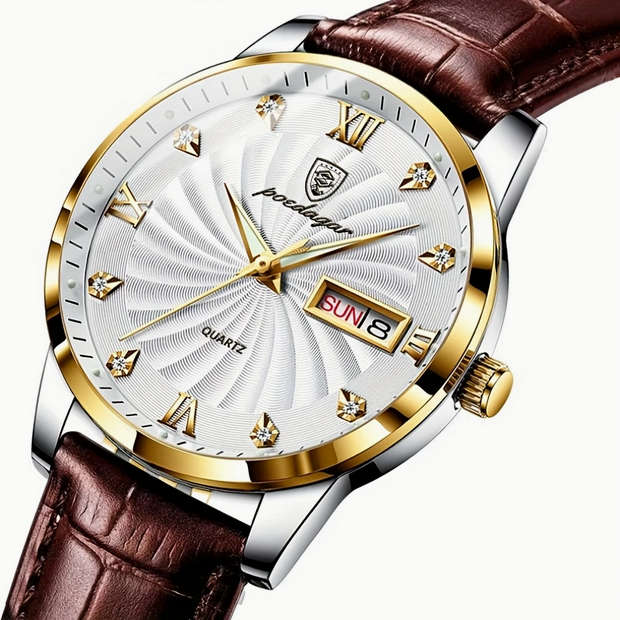 POEDAGAR Quartz Watch with Calendar and Brown Leather Strap