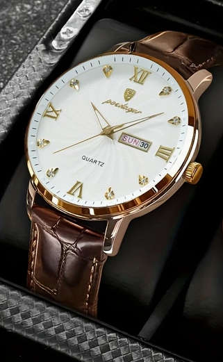 POEDAGAR Quartz Watch with Calendar and Brown Leather Strap