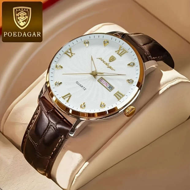 POEDAGAR Quartz Watch with Calendar and Brown Leather Strap