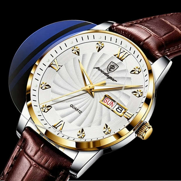 POEDAGAR Quartz Watch with Calendar and Brown Leather Strap