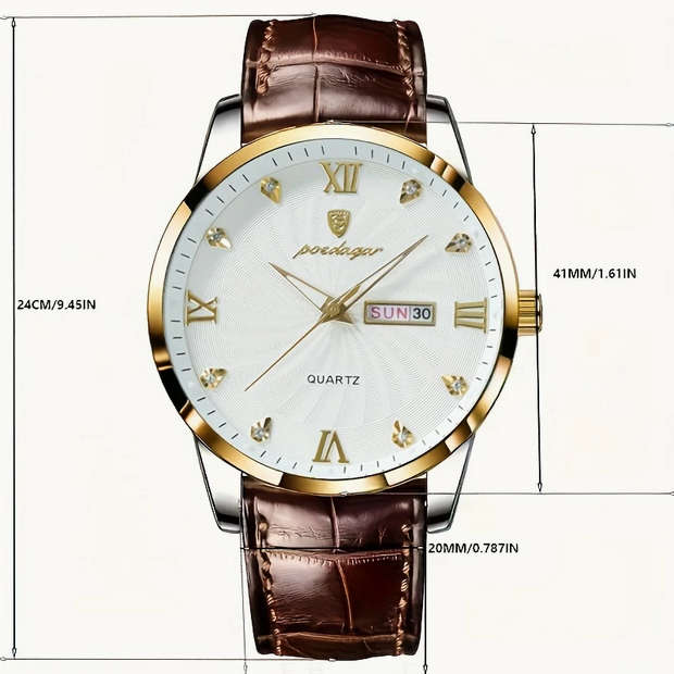 POEDAGAR Quartz Watch with Calendar and Brown Leather Strap