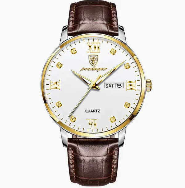 POEDAGAR Quartz Watch with Calendar and Brown Leather Strap