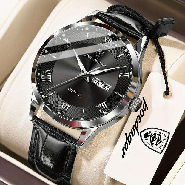 POEDAGAR Quartz Watch with Day and Date Calendar - Black Leather Strap