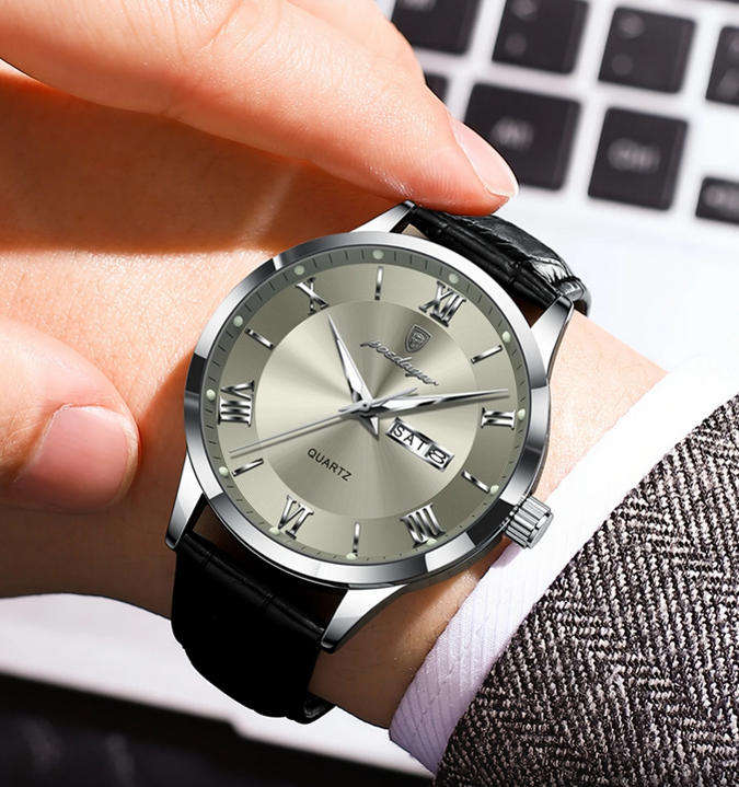 POEDAGAR Quartz Watch with Day and Date Calendar - Black Leather Strap