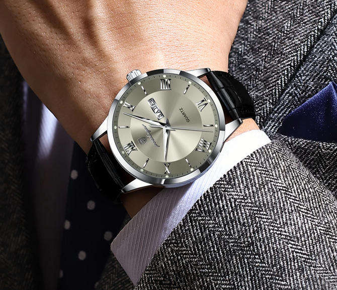 POEDAGAR Quartz Watch with Day and Date Calendar - Black Leather Strap