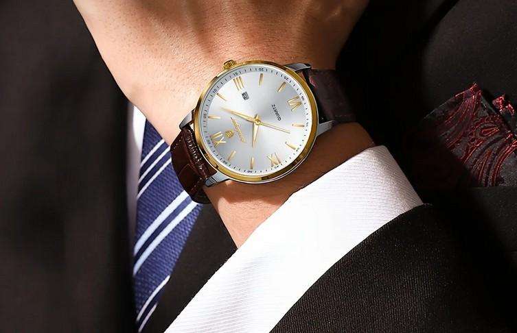 POEDAGAR Quartz Watch with Calendar and  Brown Leather Strap