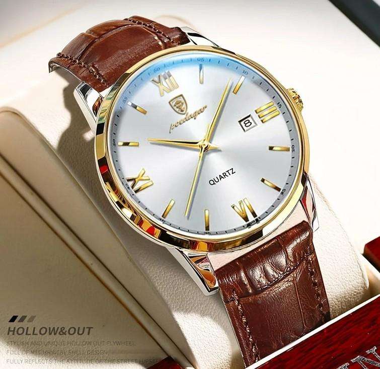 POEDAGAR Quartz Watch with Calendar and  Brown Leather Strap