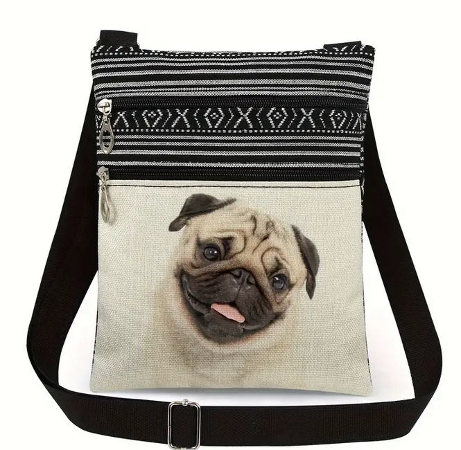Pug Print Cross Body Bag with Adjustable Strap
