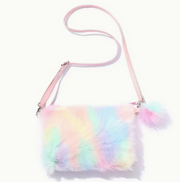 Multicolour Plush Cross Body Bag and Butterfly Bracelet
