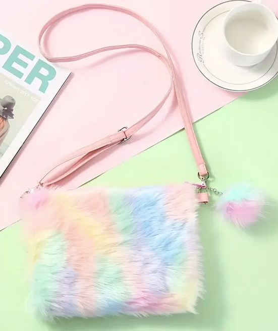 Multicolour Plush Cross Body Bag and Butterfly Bracelet