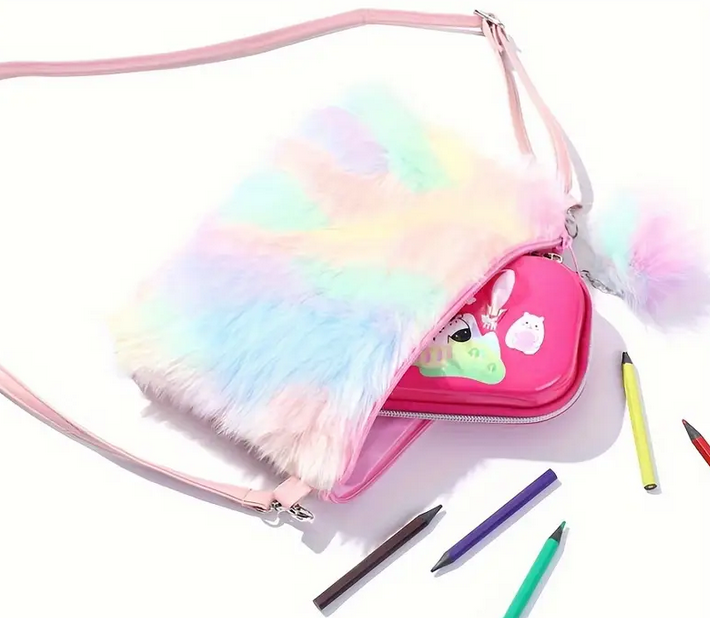 Multicolour Plush Cross Body Bag and Butterfly Bracelet