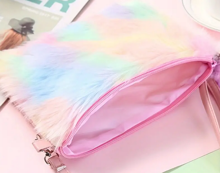 Multicolour Plush Cross Body Bag and Butterfly Bracelet