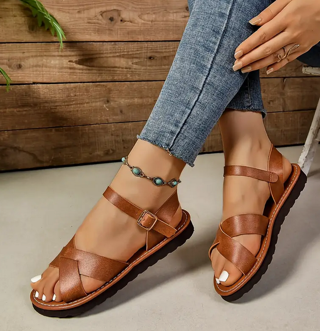 Elegant Cross Strap Sandals with Ankle Strap for ladies Tan Colour Size 6.5